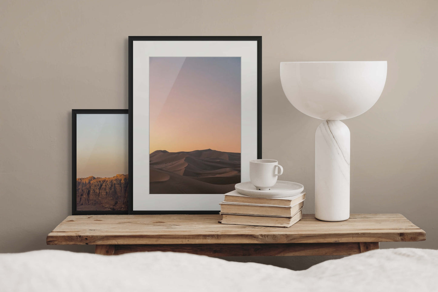 Sahara Desert by Erica Goldemberg mockup with black frame in a bedroom