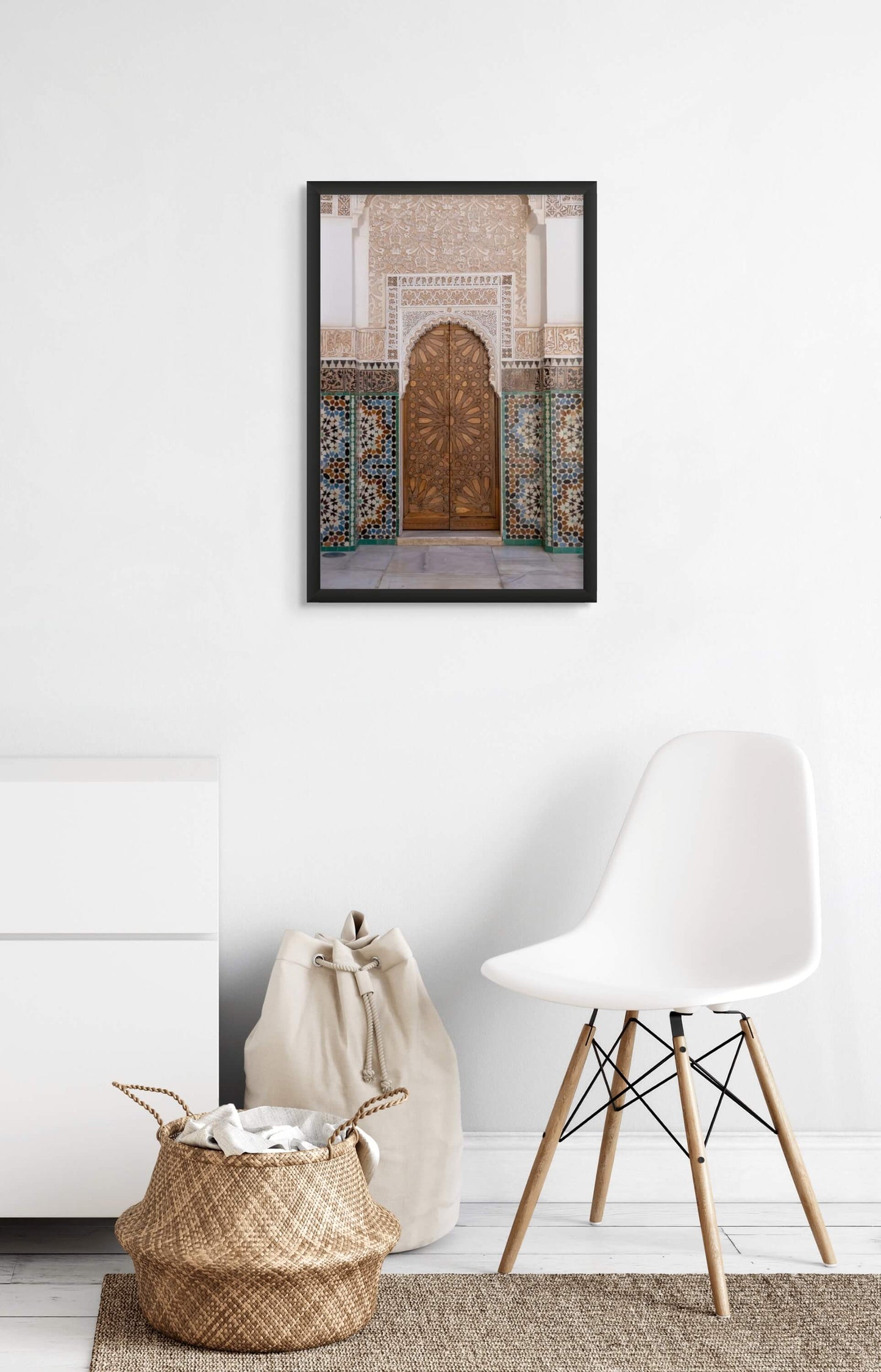 Moroccan Door photography print by Erica Goldemberg  in a wall mockup with a white chair