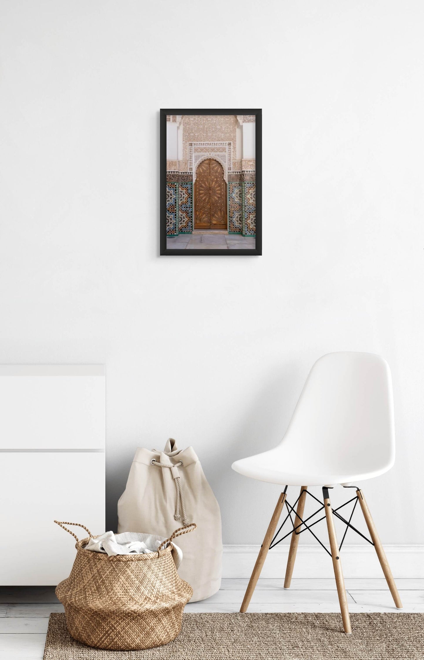 Moroccan Door by Erica Goldemberg in a wall mockup with a white chair